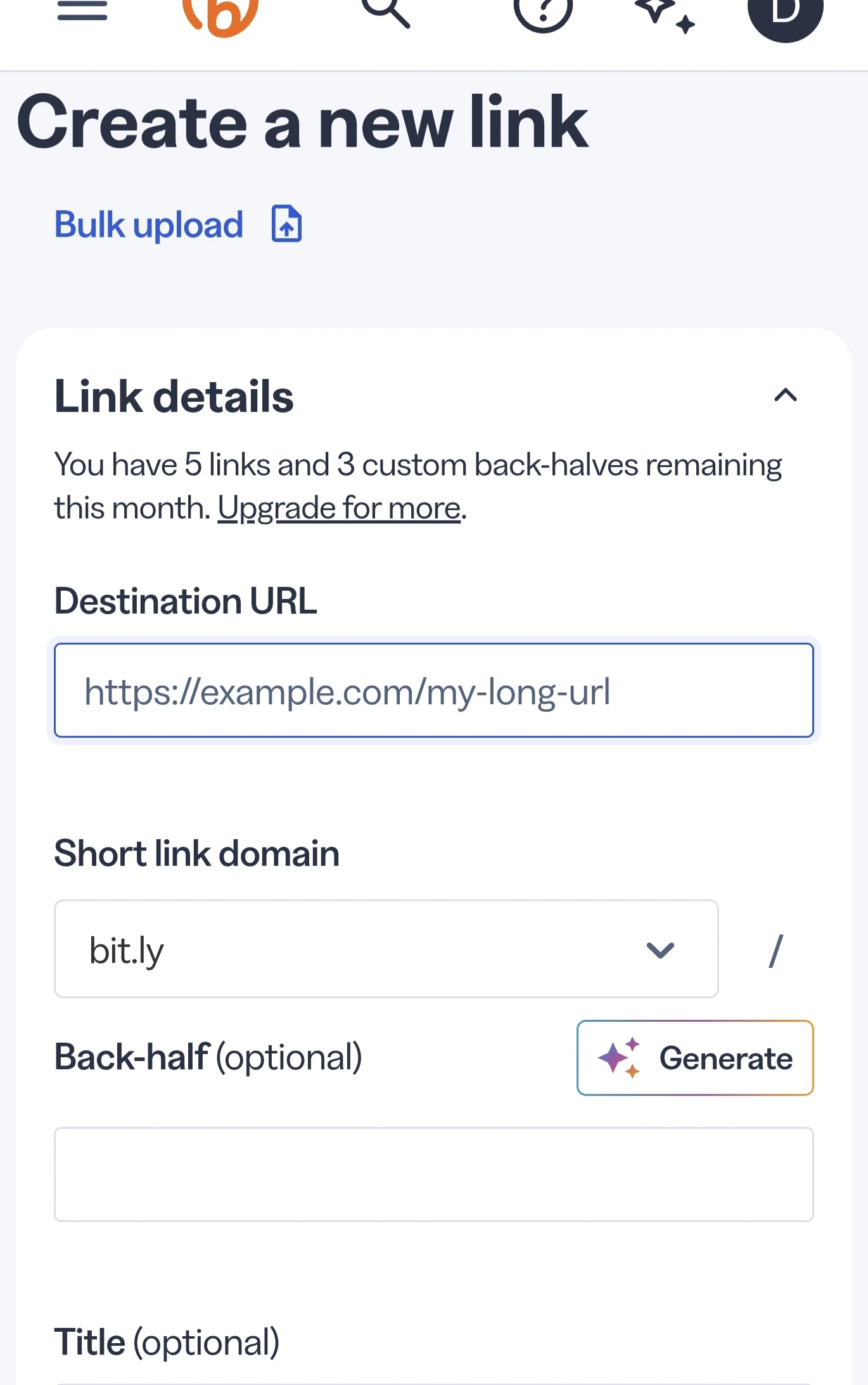 Bitly link creation screen showing destination URL, short link domain, and branded back-half controls.