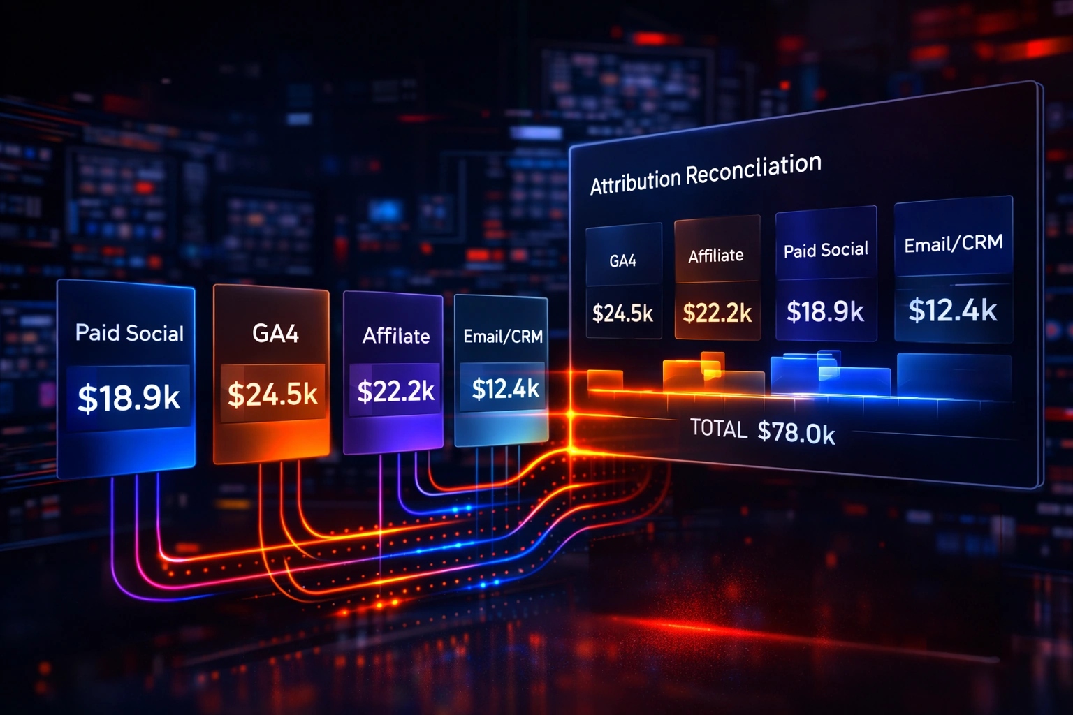 Cross-platform attribution control room with multiple reporting sources feeding one reconciliation engine