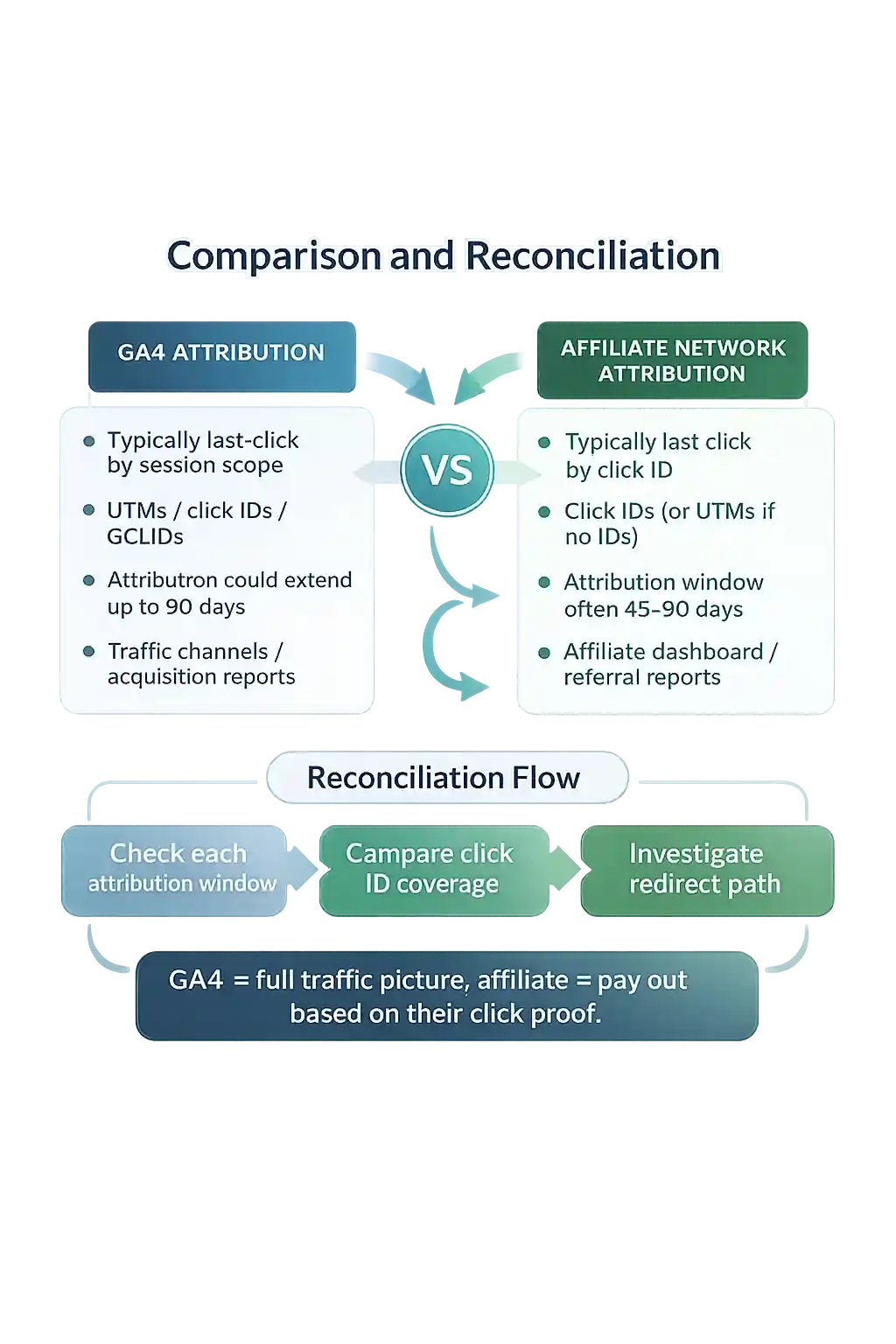 Comparison and reconciliation flow showing how GA4 attribution differs from affiliate network attribution and the order to reconcile attribution windows, click ID coverage, and redirect path checks.