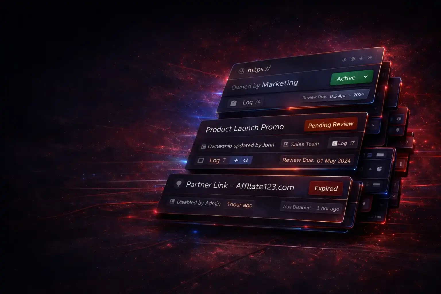 Stacked governed link records showing ownership, review state, and retirement status