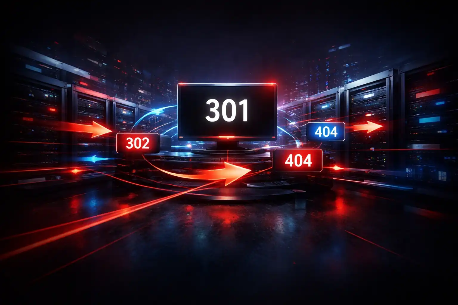 Redirect route control interface showing 301, 302, and 404 states moving across a live path