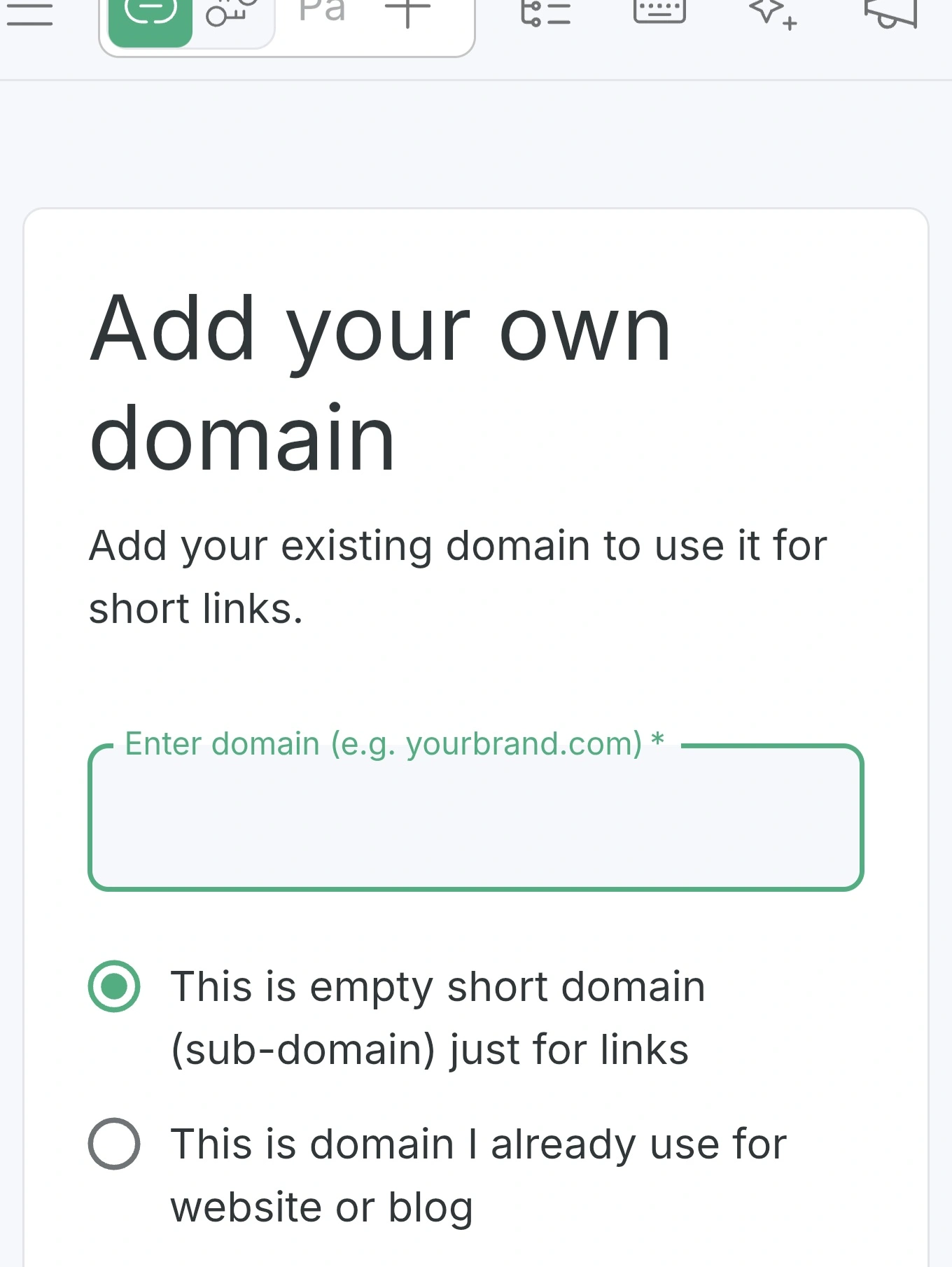 Short.io domain setup screen showing custom domain input and short-domain configuration options.